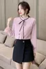 Women's Blouses & Shirts Chikichi Thin Shirt Female 2022 Autumn French Fashion Lace Bow Tie Stand Collar Trumpet Sleeve Pink TopWomen's