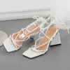 Fashion Solid Square Open Toe Summer Sandals PU Ankle Cross-Tied Mid Heel Women Shoes Concise 35-42 Zapatos Mujer 220516