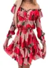 Dresses Summer Sexy Off Shoulder Chiffon Tiered Ruffle Flower Print Mini Dress Women Long Sleeve Strapless Lady Pink Holiday Beach Dress