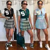 Femmes Baseball survêtements 2022 été deux pièces robe ensemble à manches courtes brodé lettre varsité veste Plaid jupe costume