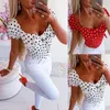 Women's T-Shirt 2022 Boho Women Polka Dot Print Short Sleeve Bow Bodycon Ruffles Low Cut V Neck Fashion Ladies Summer Casual Tops