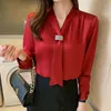 한국 여성 셔츠 시폰 블라우스 여성용 긴 소매 셔츠 탑스 여자 리본 블라우스 탑 패션 여자 나비 넥타이 셔츠 xxl 220409