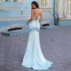 Spaghetti Mermaid Long Prom Dresses Side Slit Sweep Trian Satin Formal Evening Party Gowns Plus Size