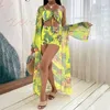 Women's Swimwear Pcs Long Sleeve Bikini Cover Up Women Print Beach Wear Set High Waist Shorts Bandage Swimsuit Bathing SuitWomen's