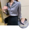 QoerliN Elegant Satin Blouse Autumn Spring Turn-Down Collar Single-Breasted Long Sleeve Female Chiffon Shirt Ladies Plus 220402