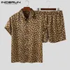 Летние модные мужские комплекты Уличная одежда Рубашка с короткими рукавами с леопардовым принтом и лацканами Пляжные шорты Гавайские костюмы 2 шт. INCERUN 5XL 220617