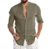 100% katoenen linnen heren longsleven shirts zomer solide kleur stand -up kraag casual strandstijl plus maat 220615