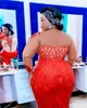 2022 Plus size Arabisch Arabisch Aso Ebi Red Mermaid Sparkly Prom Dresses Sheer Neck Evening Formeel feest tweede receptie verjaardag verlovingsjurken jurk zj886