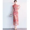 Etnisk kläder kinesiska klänningar röd spetsar vara förlovade qipao klänningar bröllop cheongsam cheongsams traditionell porslin klänning
