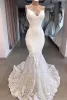 Sjöjungfru underbara bröllopsklänningar brudklänning med spaghettirem spets applikation svep tåg band skräddarsydd ruched boho vestidos de novia