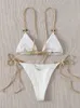 Sexy Bikini Set Cute White Plain Ring Linked Spaghetti Strap Triangle Thong Biquini Swimsuit Swimwear Women Bathing Suit B0 220527