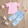 Citgeett Summer Kids Girls Outfit Solid Color Mesh Splicing Short Sleeve Top Sripped Long Denim Pants Set Clothing J220711