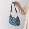 Kvällspåsar mbti denim Plaid blå bolso mujer vintage japansk stil säck en huvud femme mode kedjor kvinnor axelväska mjukt topphandtag