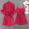 Женские спящие одеяние сексуальные женщины кимоно халат розовые невесты невесты свадебный халат комплект сплошной цвет вскользь домашняя одежда ночная одежда