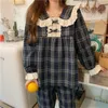 Alien Kitty elegante a cuadros ropa de dormir de retazos de encaje geométrico de manga larga ropa de hogar suelta Casual mujeres pijamas dulces