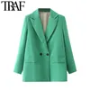 Femmes Traf Chic Office Lady Double Breasted Blazer Vintage Coat Fashion Notched Collar Long Mandes Lédies Extérieur Élégants Tops 220402