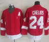 Retro Chris Chelios # 7 Maglie da hockey Vintage 1992 Mens Rosso Nero # 24 Camicie cucite classiche 75th C Patch