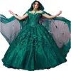 Romantic Dark Green 3D Floral Flowers Quinceanera Dresses Floor Length Long Wrap Off Shoulder Corset Prom Dresses Brithday Gowns Sweet 16 Dress Vestidos De 15 Anos