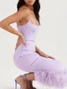 Casual Dresses Elegant Feather Trim Midi Dress for Women High Quality Satin Evening Party Sexig Purple Birthday Club Summer Fashion6020774