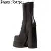 Svart läder Chunky High Heels Platform Boots Square Toe Slip på Mid Calf Boots Side Zipper Platform Skor för Kvinnors Stövlar 926