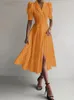 Casual Dresses Office Elegant V-hals Slit Satin Long Dress Vintage Polka Dot Print midjefest Summer Women Sexig Puff Sleeve