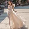 Sexy A-line Wedding Dresses Deep Bateau Neck Sleeveless One Shoulder Chiffon Lace High Waist Appliques Sequins Floor Length Boho Bridal Dress Bohemian Wedding Gowns