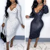 Sexy Deep V Low Cut Bodycon Midi Dress Vintage Dames Polka Dot Sheath Office Lady Skinny Long Sleeve Autumn Spring 220521