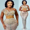 Plus La Taille Arabe Aso Ebi Ivoire Sirène Sexy Robes De Bal Perles Cristaux Dentelle Soirée Formelle Deuxième Réception Anniversaire Robes De Fiançailles Robe