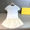 Fashion Designer Girls Sets High-End Summer 2022 New Korean Style Girl's Suit Pure Cotton Round Collar Short Sleeves With Mesh Embroidery Half Skirt