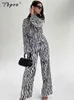 Vrouwen Zebra Print 2 -delige sets Blouse met lange mouwen en hoge taille wijd been broekpakken 2022 Vrouwelijk casual mode feest outfits T220729