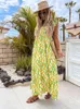 Kvinnor Elegant blommigt tryck Boho Maxi-klänning 2022 Summer Square Collar Ruffle Sleeve Backless A-Line Splic Beach Dress Robe Femme G220510