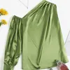 Celmia Casual Satin One Shoulder Blus Women's Fashion Glossy Lantern Sleeve Tops Asymmetrical Streetwear Shirts W220408