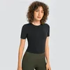 Al0lulu kvinnors nya yogatoppar runda nacke yoga kläder andas sport kortärmad stretch smal t-shirt beskuren topp