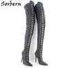 Sorbern Custom Crotch Thigh High Boots For Thick Thighs Plus Size 46 Lace Up High Heel Stilettos Pointed Toe Fetish Shoes Unisex