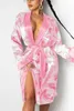 Retail Womens Sleepwear Casual Pajamas Fashion Lingeries Robes Satin US Dollar Print Lace Up Medium Length Nightgowns QKAS