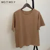 WOTWOY Casual Basic Knitted Cotton TShirts Women Solid Oversized Tee Shirt Female ONeck Loose Summer Cozzy Tops Harajuku 220527