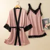 Women's Sleepwear Women 2PCS Rayon Kimono Robe Gown Sets Sexy Spaghetti Strap Nightdress Bathrobe Lingerie Lounge Home Clothes NightgownWome