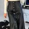Pu Leather Rivets Buttons Midi Skirt Women High Waist Casual Elegant Fashion Slim Autumn Winter Warm 220317