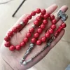 Fios de miçangas islâmicas misbaha subah cor prata cor com borla natural coral vermelho 8mm 10mm 33 contas Rosário muçulmano Tespih oração tasbihbeaded