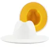 Berets Outer White Inner Yellow Wool Felt Jazz Fedora Hats With Thin Belt Buckle Men Women Wide Brim Panama Trilby Cap 56-58CMBerets Wend22
