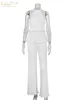 CLACIVE SEXY BACKLESS TANK TOP SET Woman 2 Piece Summer White Pleated Trouser Suits Female Elegant High midje Wide Pants Set 220812