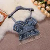 Casual Dresses High Quality Shinny Diamond Beaded Denim Vest White Shirt Dress 2pcs Suits Puff Sleeve Blouse Tassel Pearl Sets Female Fashio