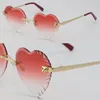 Nouveau visage en forme de coeur lunettes de soleil en métal sans monture femmes série diamant coupe lentille extérieur conduite lunettes de lentille rouge conception amovible or 18 carats taille de la monture: 56-18-140MM