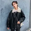 Zoki Autumn Wool Jacket 여자 PU 가죽 따뜻한 재킷 검은 자켓 검은 가짜 모피 코트 대형 Lady Street Outwear Korean Fashion New L220801