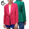 OneBling femmes décontracté Traf manteaux printemps Chic orné boutons Tweed Long rose Blazers Femme épais vert vestes bleu 220402