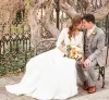 Country Wedding Dresses Bridal Gown Scalloped Neckline Lace With 3/4 Long Sleeves Ruched Pleats Custom Made Plus Size Vestidos De Novia 403