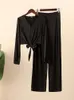 Summer Women Fashion Black Satin Pant kostymer Vneck långärmad blus som matchar breda byxor passar Casual Slim Two Piece Set 220817