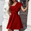 Casual Dresses Formal Dress Women One-Shoulder Pleated Party Elegant Backless Solid Lady Mini Office Sexy Off Shoulder A-Line DressCasual