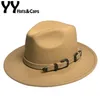 Winter Panama Hat Women Elegant Felt Caps Male Vintage Trilby Hat Wide Brim Fedora CAPS with Belt Chapeau Homme Feutre YY18016 T200106