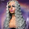 Ludzkie włosy peruki syntetyczne długie luźne głębokie fala dla kobiet różowe/blondynki/niebieskie/szary koronkowy symulacja przednia 3